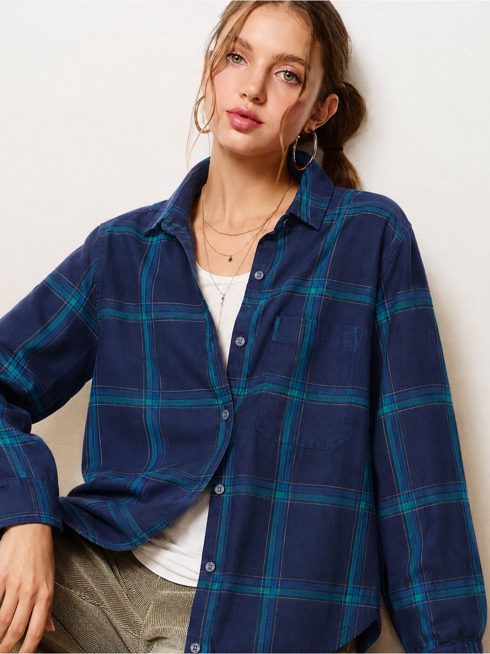 Old Navy Plaid Flannel Shirt Navy Womens Size L Campus Casual